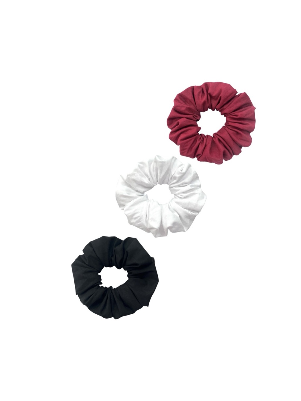 3-Pack Cotton Scrunchie Set - White, Black & Red.